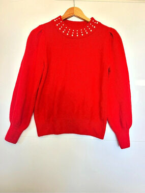 CeCe red crew-neck sweater with white pearls, size small